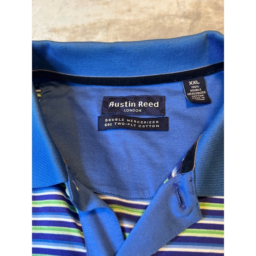 Austin Reed London Shirt Mens XXL Blue Green StripePolo Double Mercerized Cotton - Picture 2 of 5